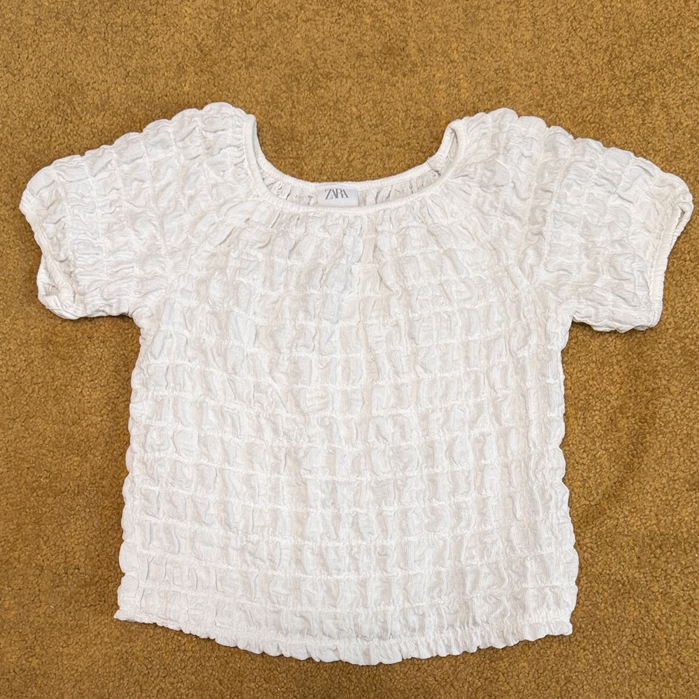 Zara Cream Textured Short Sleeve Blouse
